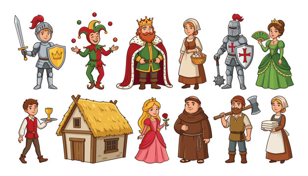 Medieval fairytale character vector collection featuring royal king queen princess knights peasant monk jester house and historical townspeople