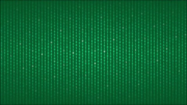 This footage shows a stream of green binary code cascading down a black background. The digital effect creates a dynamic and abstract visual, suitable for technology or security-related presentations.