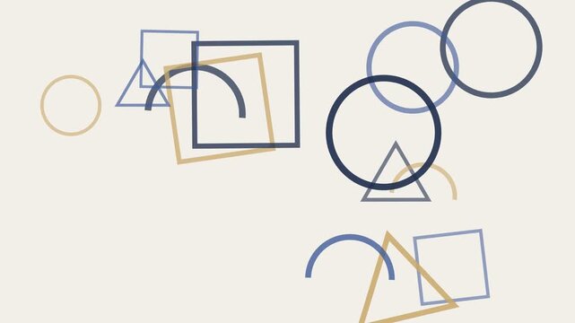 Abstract geometric motion background seamless loop of rotating circles squares triangles in navy blue gold tones