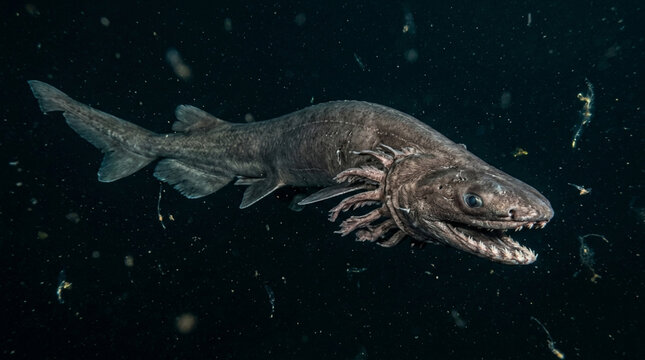 Frilled Shark Swimming in Deep Ocean Waters with Parasites Attached for Marine Wildlife Concept
