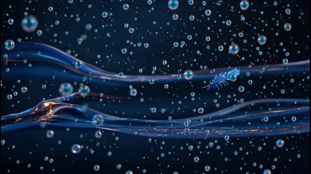 Blue feather floating above flowing liquid with golden highlights and bubbles in dark background