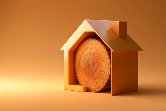 3D Render of House Silhouette with Tree Log Section for Eco-Friendly Architecture and Wooden Real Estate Concept