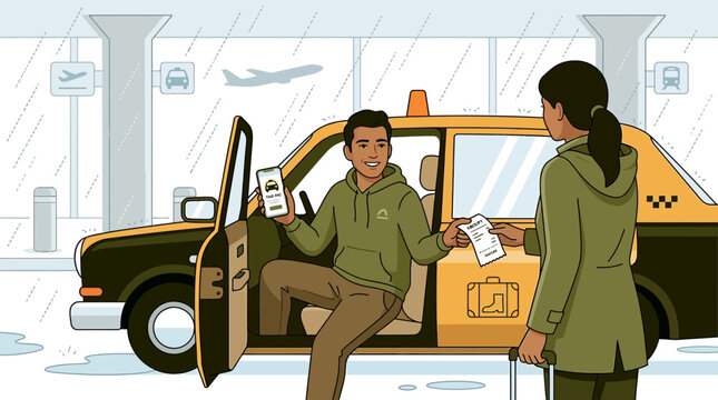 Man showing taxi app on phone to customer at airport