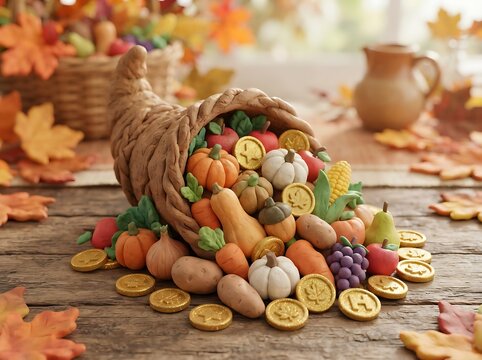 3D clay plasticine cornucopia overflowing with vegetables and gold coins, 
squishy soft texture, warm autumn background, claymation style, 
abundance and harvest concept icon