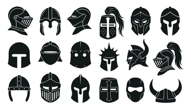 Black silhouette vector collection of medieval warrior helmets featuring spartan gladiator knight crusader viking and ancient armor headgear shapes