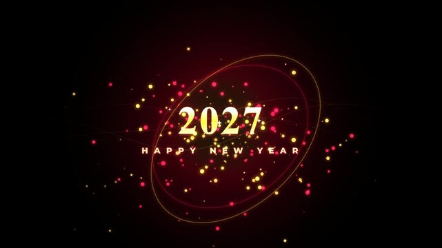 2027 happy new year golden typography motion background, with glowing particles, and orbiting rings, new year's eve