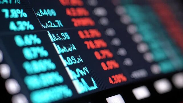 Digital financial screen updating stock market data and line graphs