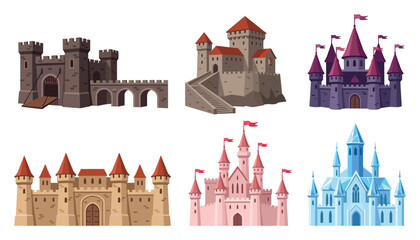 Obraz premium Medieval fairytale castle vector collection featuring royal fortresses stone fort ice palace and magic fantasy kingdom buildings