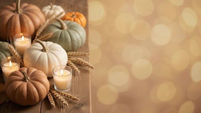 Autumn Arrangement of Assorted Pumpkins, Wheat Stalks, and Lit Candles on Wooden Table with Bokeh Background