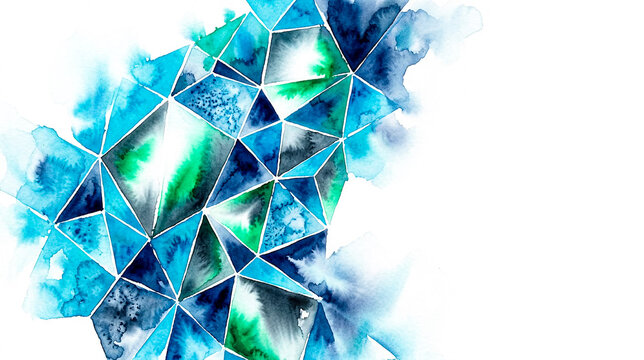 Abstract blue and turquoise watercolor geometric pattern background with copy space