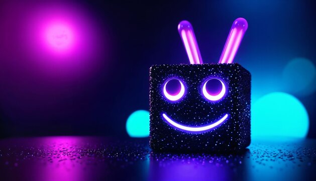 Cute smiling cube character with glowing antennae