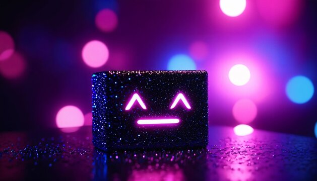 Sleepy neon cube character with closed eyes