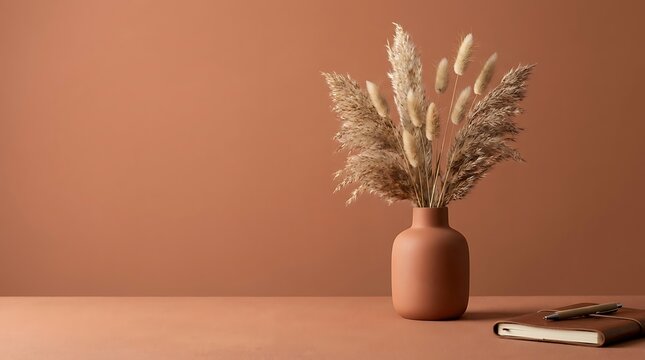 Decorative ceramic vase with dried pampas grass beside a leather notebook on muted terracotta background