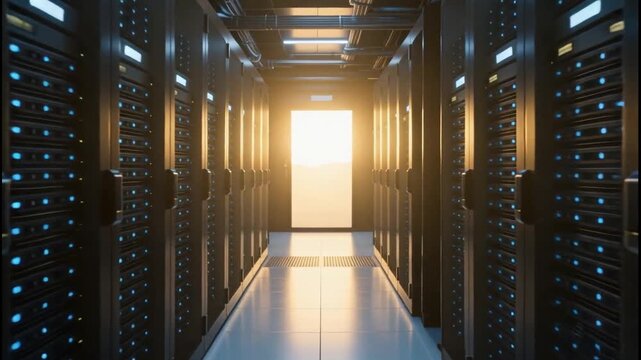 Server room corridor with rows of racks and glowing blue lights, leading to a bright doorway