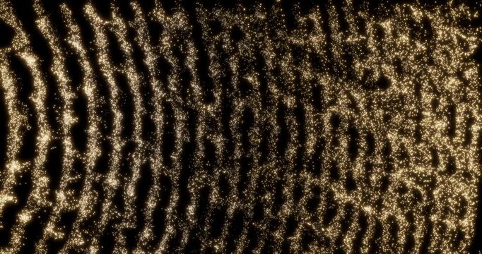 Glittering gold particle trails flying from ripple form in black background. Sparkling light streaks glow dust effect. 4K 3D rendering loop animation.