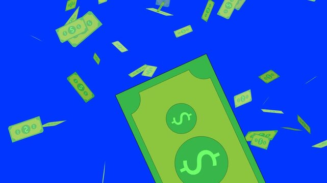 Animated flying stack of dollar bills on a chroma key (green screen) background.