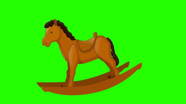 Animated cartoon of a wooden toy horse on a chroma key (green screen) background.