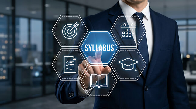 Businessman interacting with a futuristic digital syllabus interface in office
