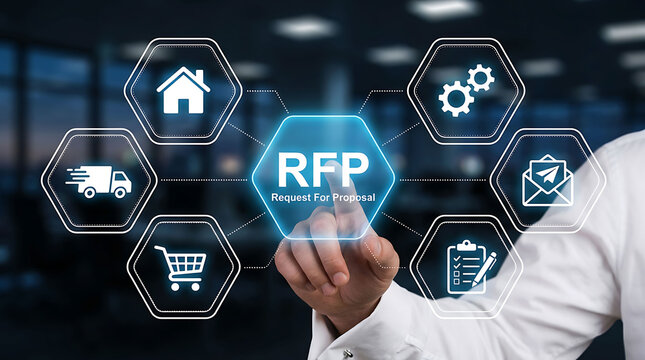 Businessman touching digital screen with RFP Request For Proposal hologram button