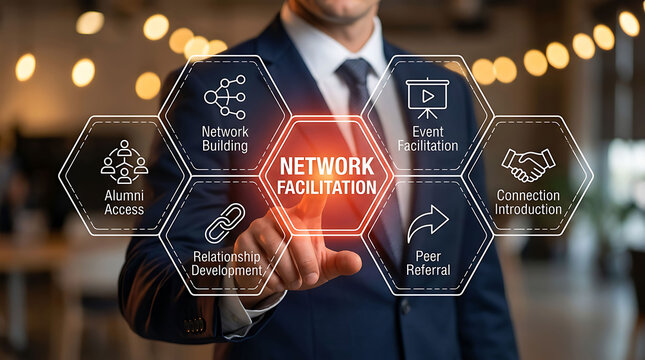 Businessman touching network facilitation interface in futuristic corporate office