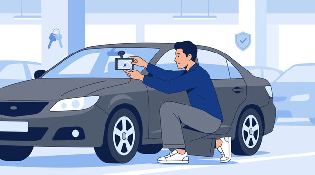 Man installs dashcam in car, vehicle security concept