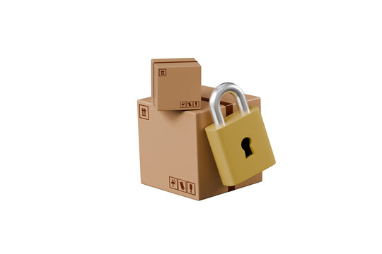 3d gold padlock and delivery boxes icon. secure shipping and order safety concept. cartoon parcel protection for ecommerce retail. isolated on white transparent background. 3d render.