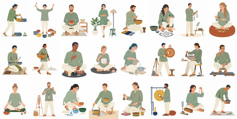 Fototapeta premium A collection of diverse people practicing sound healing, meditation, and mindfulness with singing bowls and gongs isolated on a white background.