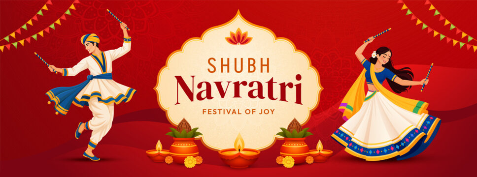 Navratri Wide Horizontal Banner with Garba Dancers, Dandiya Sticks and Traditional Indian Festival Design