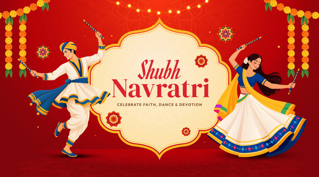 Shubh Navratri Festival Composition with Garba Dancers, Dandiya Sticks and Decorative Indian Elements