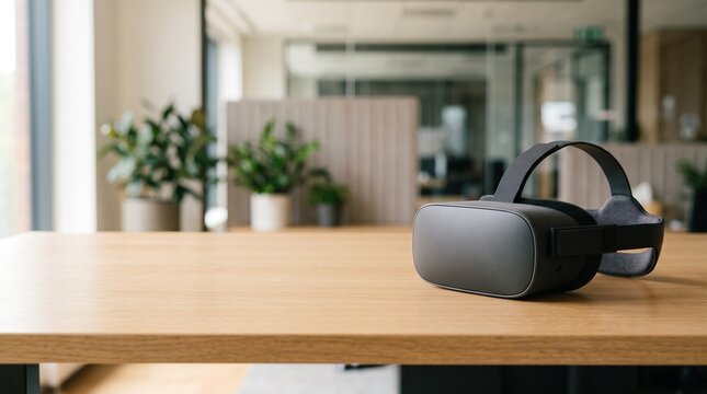 Premium minimalist black VR headset on a wooden desk with blurred modern office and left copy space