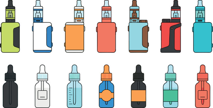 Colorful Vape Mod and E-Liquid Bottle Vector Set with Seven Mod Devices and Seven Dropper Bottles Flat Design