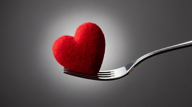 Red heart shape on a metal fork against a dark grey background