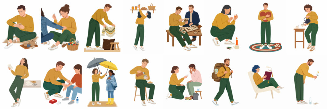 A collection of flat design vector illustrations depicting diverse people engaged in various everyday activities, hobbies, and acts of kindness and support.