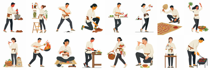 Obraz premium A diverse collection of illustrated characters engaged in various culinary activities such as cooking, grinding spices, and grilling on a white background.