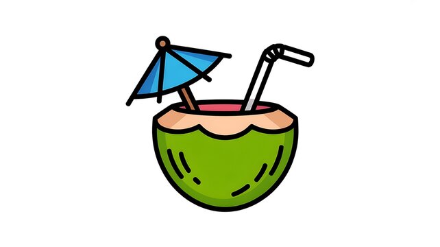 Fresh coconut drink with a blue umbrella and straw