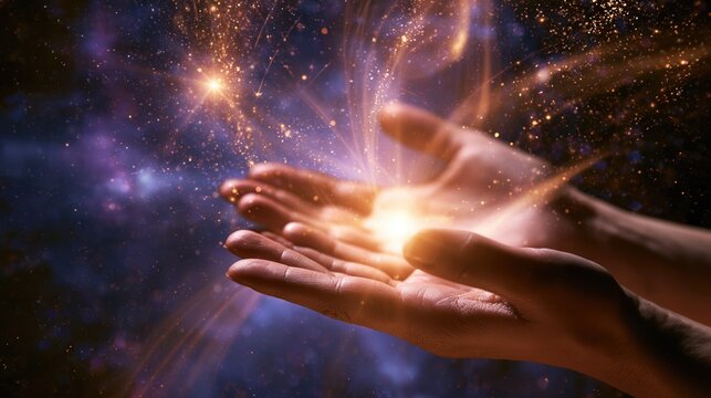 Growth and innovation as glowing light in cupped hands against cosmic universe, symbolizing new goals, empowerment, continuous learning, and expanding horizon