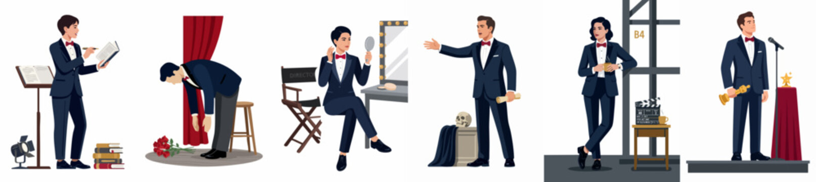 Collection of vector illustrations depicting a male actor's career stages from script rehearsal and stage performance to receiving an award.