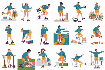 Fototapeta premium Diverse set of flat character illustrations showing people roller skating in various outdoor situations, activities, and poses on a white background.