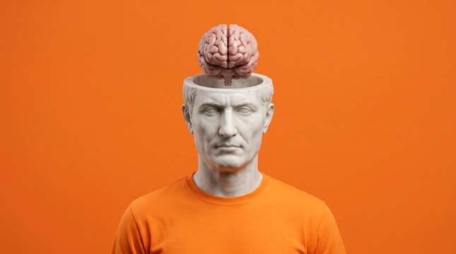 Surreal human brain concept with classical marble statue head, creative psychology and mental health illustration, anatomical brain on orange background
