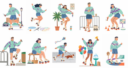 Fototapeta premium Collection of diverse characters roller skating and enjoying outdoor activities in retro 80s and 90s style sportswear illustrations.