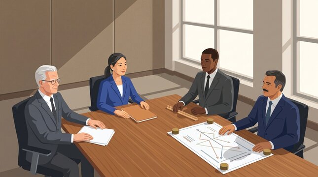 Toll road infrastructure concession tariff adjustment board review meeting vector illustration of transport consortium directors reviewing vehicle traffic flow projection chart on long teakwood desk