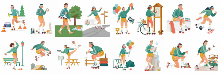 Fototapeta premium Collection of flat illustrations featuring characters in vintage 80s sportswear engaged in various outdoor activities and roller skating.