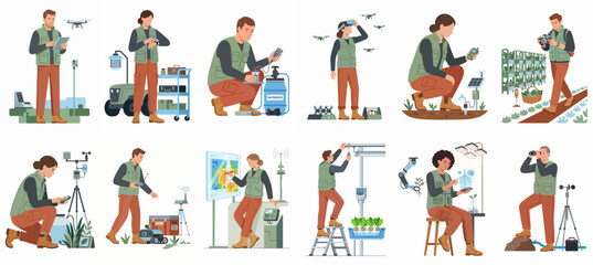Fototapeta premium A collection of flat vector illustrations featuring agricultural workers and scientists using smart technology and drones for precision farming and environmental research.