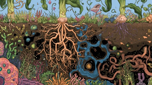 Detailed Illustration of Roots and Soil Life in Vibrant Ecosystem