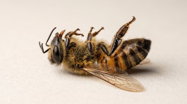 Dead honey bee lying on its back, macro photography of a deceased honeybee, environmental decline and colony collapse concept, insect on white background