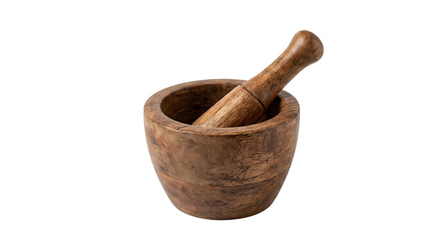 Wooden Mortar and Pestle Isolated on White Background, Traditional Kitchen Tool for Grinding Spices, Herbs, Food Ingredients and Herbal Medicine Preparation
