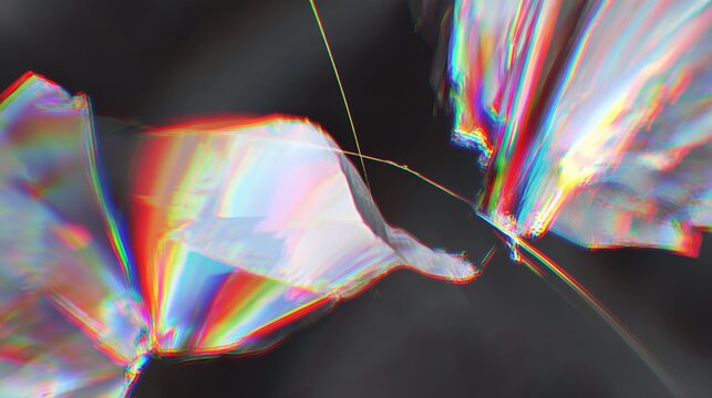 Abstract chromatic aberration and prism light dispersion effect through fractured crystal glass revealing vibrant rainbow colors.