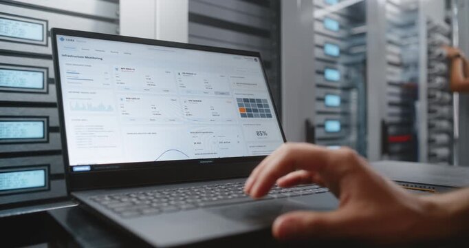 Engineer Handles Critical Server Overheating Through CLI, Reviewing Telemetry, Entering Recovery Commands While Network Switches Rest Beside Laptop During Urgent Data Center Infrastructure Response.