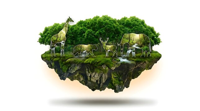 Floating island with wild animals and lush forest isolated on white background