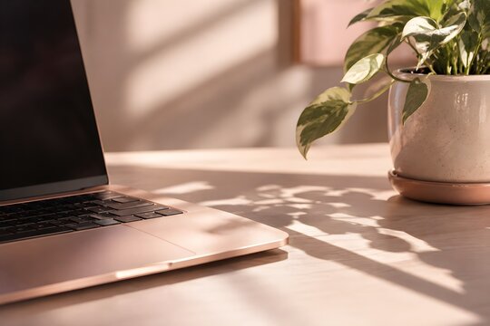 A desk cleared to nothing but a laptop and one plant, photo, soft blush, cream and rose gold